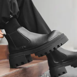 Men's High Top Thick Sole Chelsea Work Boots Elevator Ankle Boots