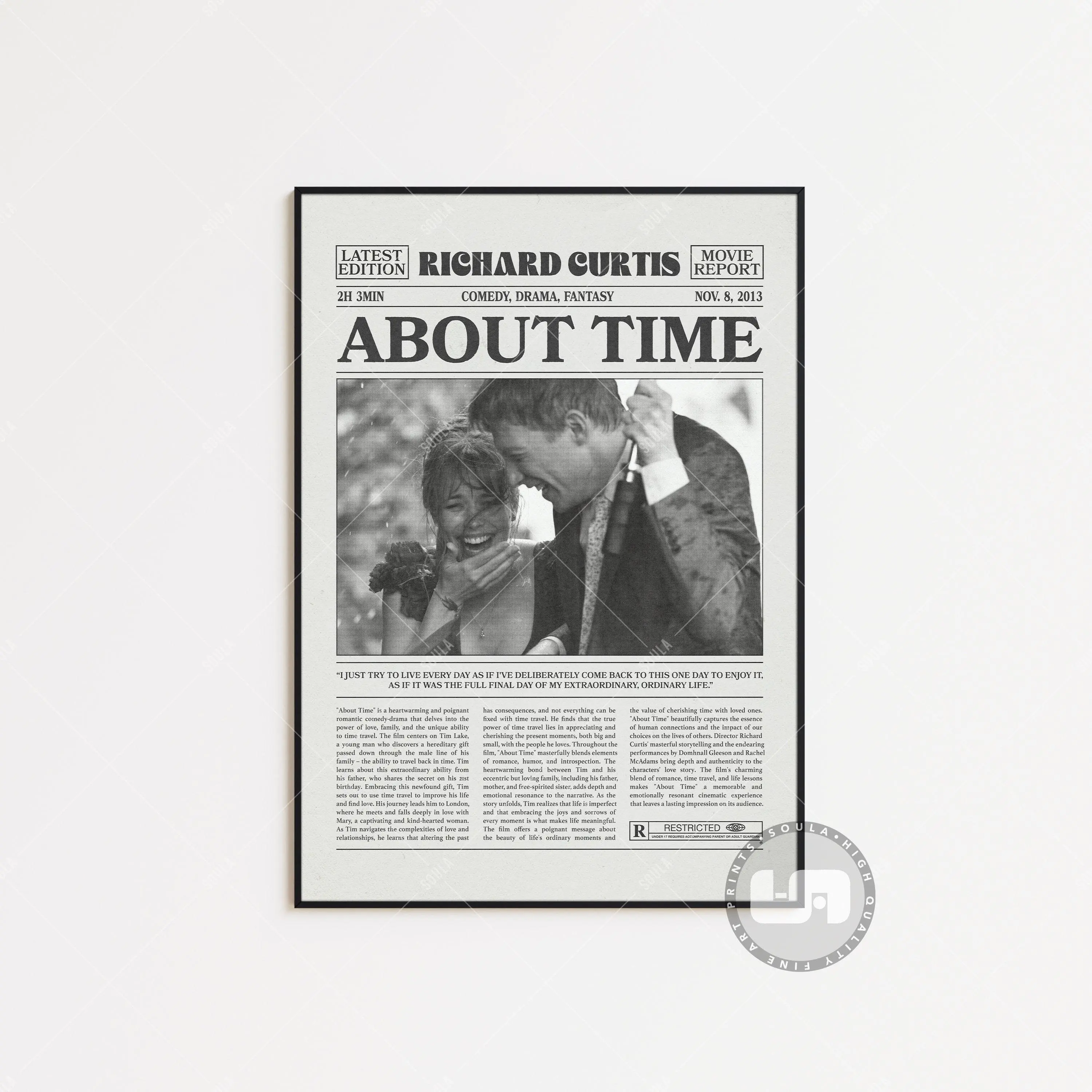 About Time, Richard Curtis, Retro Newspaper Movie Poster, Black White Wall Art, Vintage Retro Art Print
