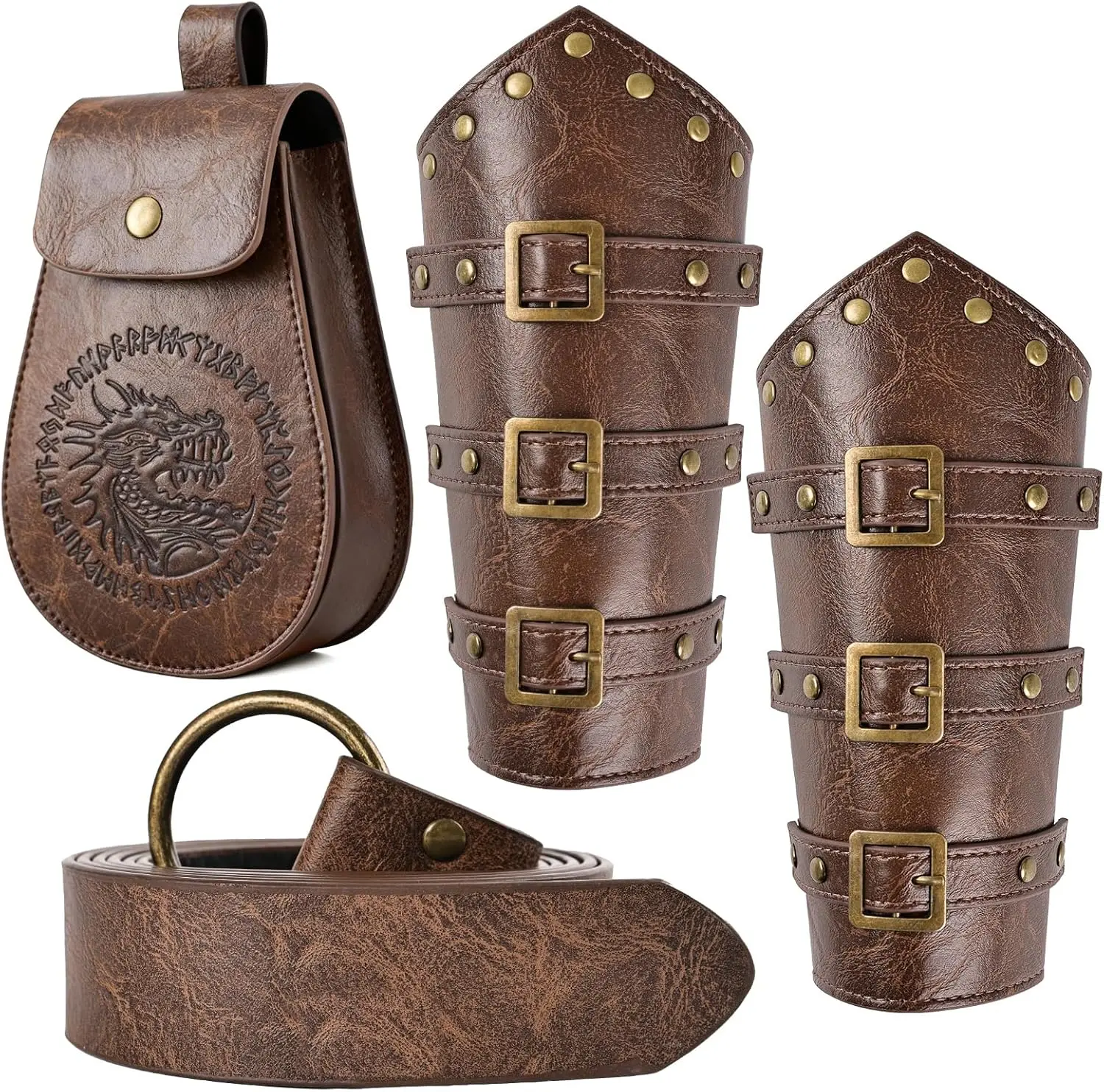 Renaissance Accessories 3 PCS - Viking Belt, Leather Bracers & Pouch for Halloween Cosplay | Adjustable