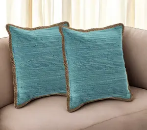 Ruffles Bohemian Cotton-Jute Hand-Woven Turquoise Throw Pillows, Zippered Removable Cover, Artisanal Vibe Design, Set of 2, Handwoven Standard Pillows, Jute Standard Pillows