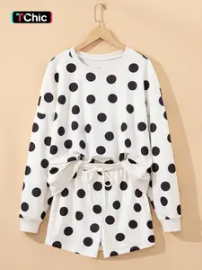 Women's Polka Dot Print Off-Shoulder Sweater Set, High Waist Drawstring Shorts, Comfortable Homewear for Spring & Fall