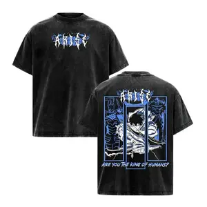 Solo Leveling Arise Washed T-Shirt| Shadow King Anime Pattern T-Shirt| Dark fantasy hunter streetwear, printed with "Are you the king of humans?"Introduction| A super large gift for fans