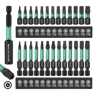 27pcs Torx Bit Set (TT7-TT40), Security Torx Bit Set, CNC Machined S2 Tamper Torx Bit with Tip, 1/4" Hex-Shank, 1"&2" Long Star Bits with Extension and Box