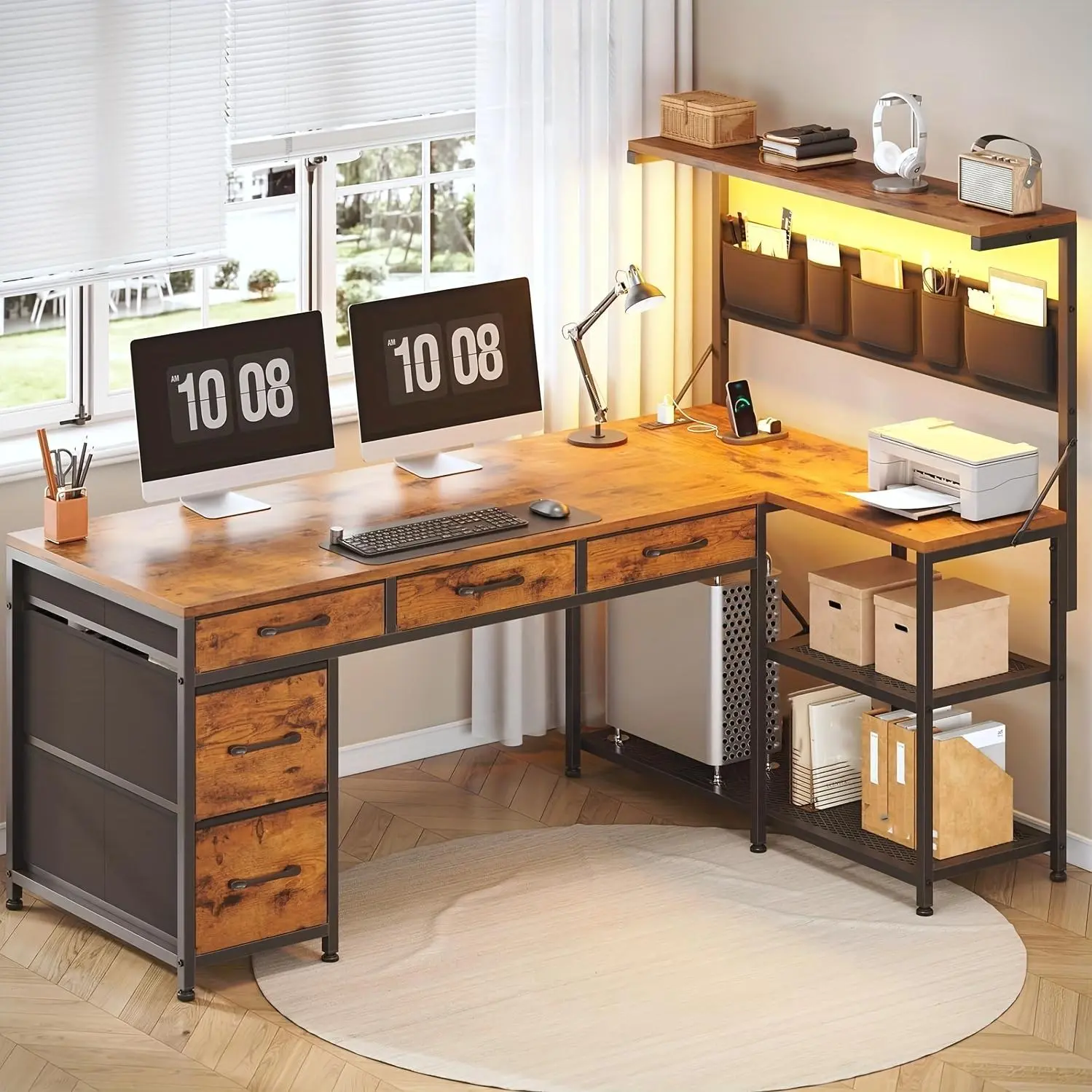 L Shaped Office Desk with LED Lights, 47.2" Reversible Small Computer Desk with 5 Drawers and Storage Shelves, Home Office Corner Desk