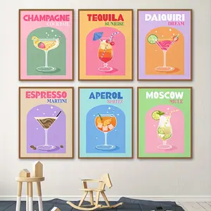 6pcs Colorful Cocktail Printed Paintings For Bar Cart Gallery, Retro Wall Arts, Cocktail Posters, Bar Art Drinks Patterns, Home Decors, No Frame