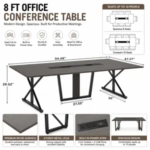 8 ft Office Conference Table for Up to 10 People, Modern Large Rectangle Meeting Desk with Metal Legs & Power Strip for Boardroom, Conference Room & Office