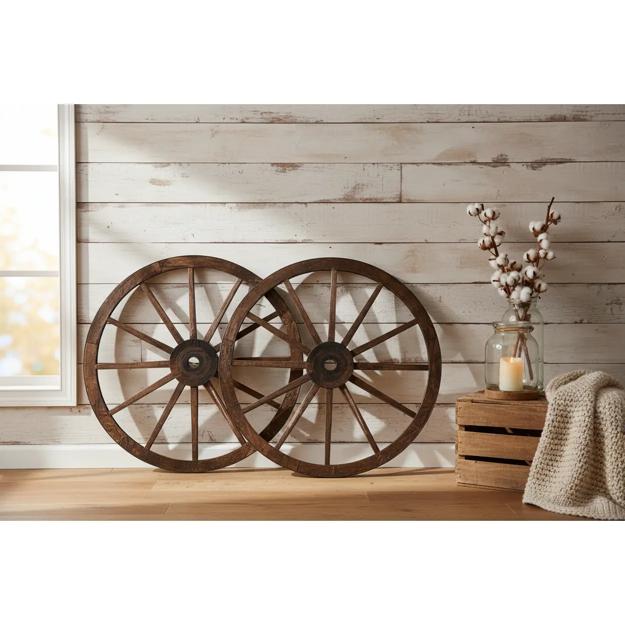 Vintage Round Hanging Wood Carved Wagon Wheels Set of 2 (12 in) - Home Decor Ornaments, Wall Hanging Accents