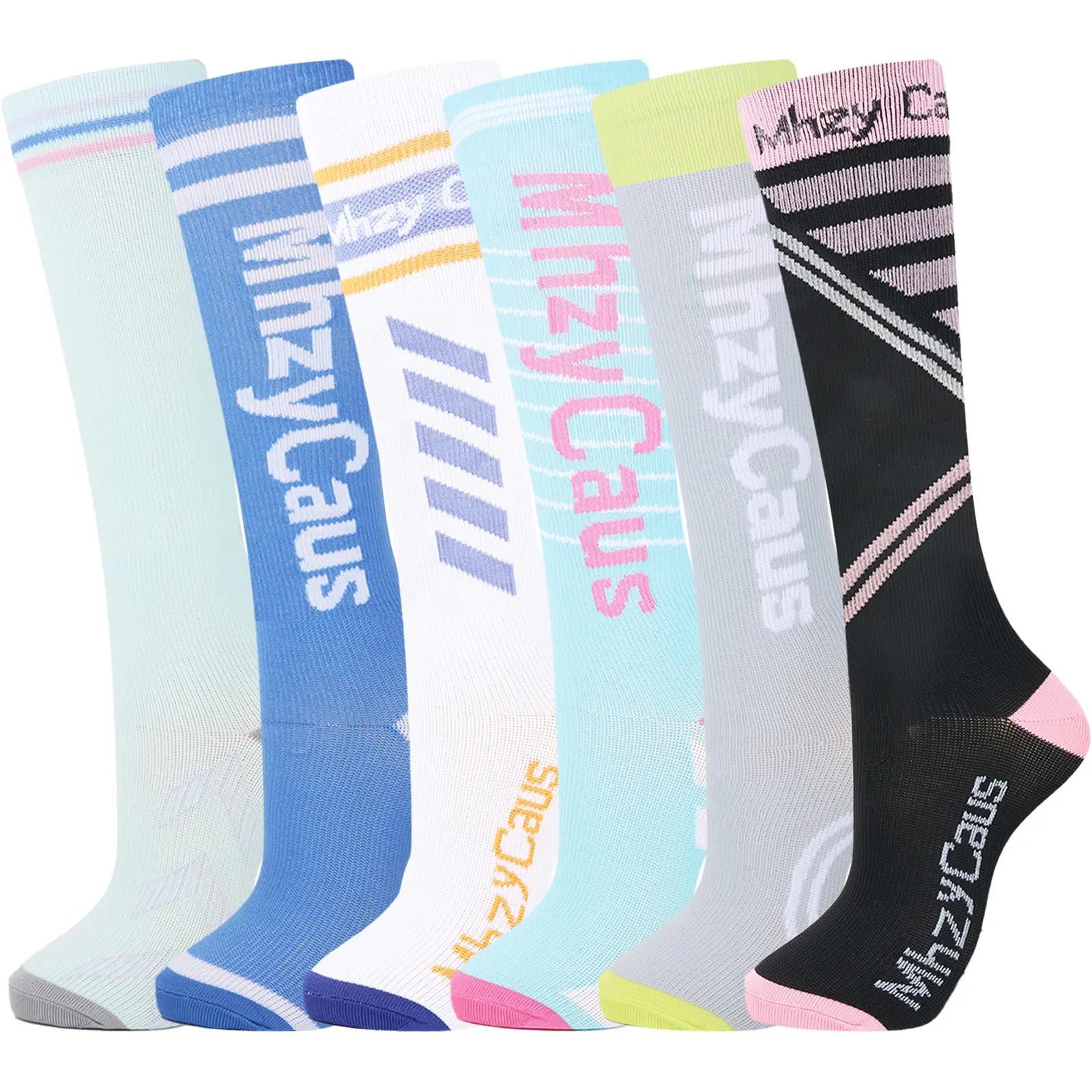 MhzyCaus 6-Pack Women's Athletic Calf Socks, Cute Color Block Letter & Stripe Knee High Socks, Soft Breathable High Elastic Knit, Durable Shape-Retaining Sports Socks for Gym, Walking, Travel & Casual Outfits