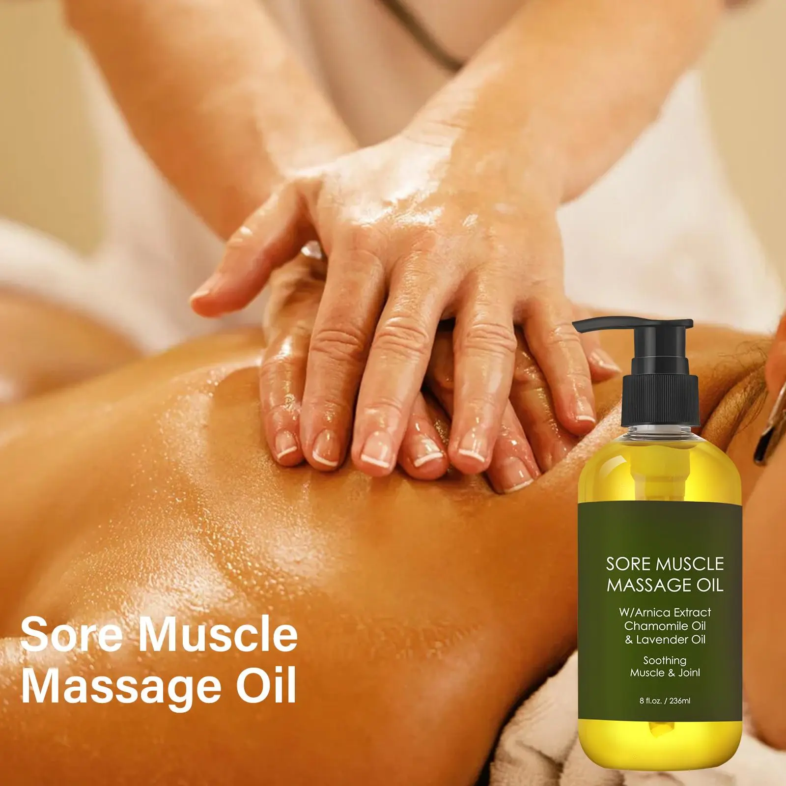 Soothing muscle massage oil, specially formulated for massage therapy - refreshing and relaxing - natural essential oils, containing lavender and chamomile essential oils - suitable for all skin types - unisex massage lotion - 8 fl oz