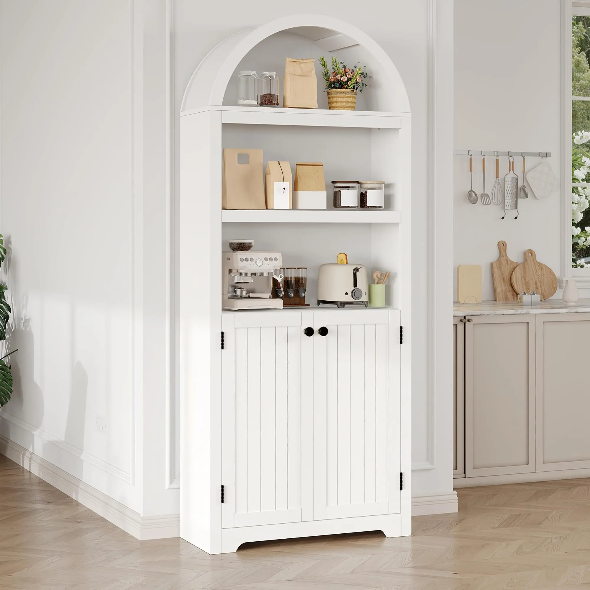 72" Tall Arched Wooden Storage Cabinet, 5 Adjustable Shelves, Double Doors, Elegant Bookcase & Pantry for Living Room, Kitchen, Office