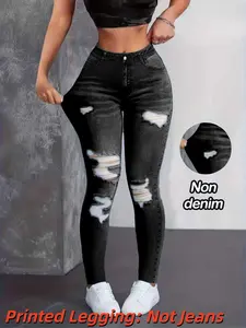 Women's Printed Skinny Jeans, Casual Fake Denim Style, Elastic Stretchy Material, Fit, All-Season Wear, Versatile Design, Pants