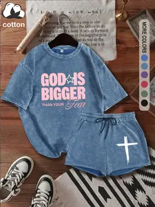 GOD IS BIGGER THAN YOUR FEAR, Womenswear, summer women's suit Christian pattern print, cotton vintage Y2k clothing suitable for outdoor leisure, punk style round neck washed cotton T-shirt shorts two-piece set