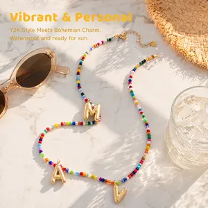 Preppy Vibe: Bubble Initial Colorful Beaded Necklace | Dopamine Summer Beach Choker | Cute Handmade Boho Jewelry Gift for Her