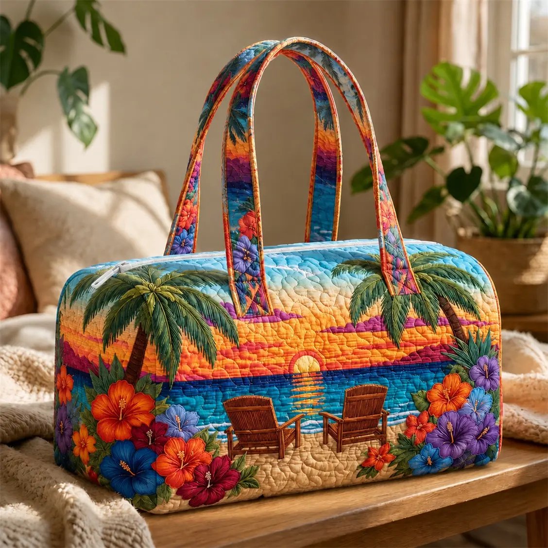 Tropical Beach Quilted Duffle Bag for Women, Sunset Ocean Weekender Travel Tote, Large Carry On Overnight Bag for Vacation, Cruise, Gym & Weekend Trips