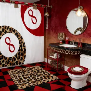 Feelyou Kids Lucky 8 Ball Shower Curtain, Funky Leopard Y2K Coquette Preppy Cheetah Design, White Red Brown Waterproof Washable Polyester Fabric, Digital Print Multi-Size Bathroom Home Decor with 12 Hooks