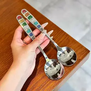 Stainless Steel Dinner Spoons with Fashion Rainbow Colors Pattern,Serving Spoon Set,Thick Heavy Dinner Spoons for Dinner Party Wedding,7.3Inch,Set of 2