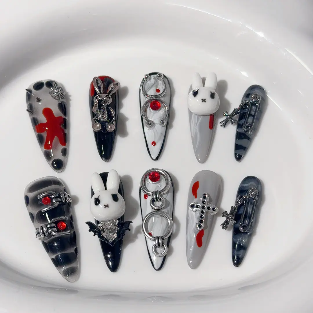 M76 Handmade Acrylic Press-On Nails Kit - Dark Rivet, Bunny Millennial Spice Girl Style, 3-Dimensional Dark Girl Design, Nail Holder Included