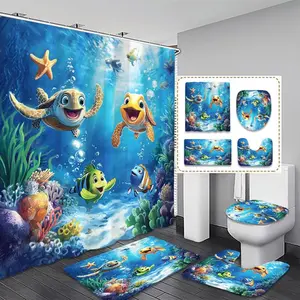 Cartoon Undersea World Pattern Bathroom Accessories, Shower Curtain Set, 1 Shower Curtain & 1 Toilet Lid Cover & 1 Rectangular Mat & 1 U-shaped Mat, Bathroom Decor Supplies