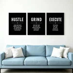 Framed Inspirational Wall Art Set of 3, HUSTLE GRIND EXECUTE Canvas Prints, Black Motivational Quotes Posters, Modern Wall Decor for Living Room Bedroom Office