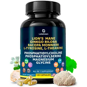 LetaGreen Organic Lions Mane Supplement Capsules with Ginkgobiloba Herb, Bacopa Monnieri - Nootropics Brain Support - 120 Real Mushrooms Lion's Mane Capsules - Fitness Edible Dietary Healthcare Natural Vitamin