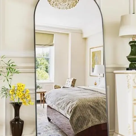 Antok Arched Full-Length Mirror with Aluminum Frame - Shatterproof Nano Glass, Free-Standing/Leaning/Hanging, Modern Home Decor for Bedroom, Gold-Black Rounded Dorm Essential