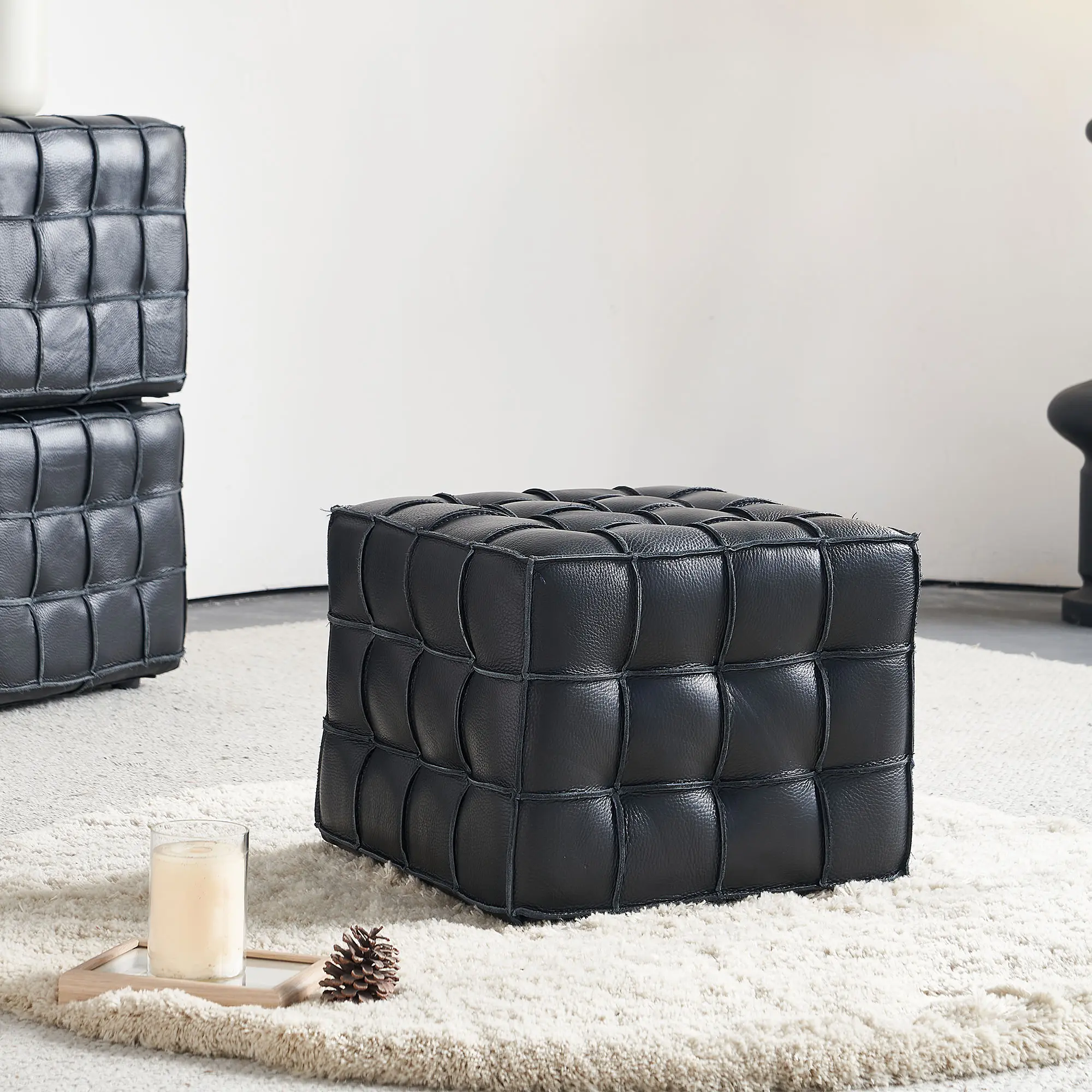 Square Tufted Ottoman with Genuine Leather Upholstery, Solid Wood Frame, Medium-Firm Foam Seat, 17.32" W, Black, Modern Style for Living Room or Bedroom