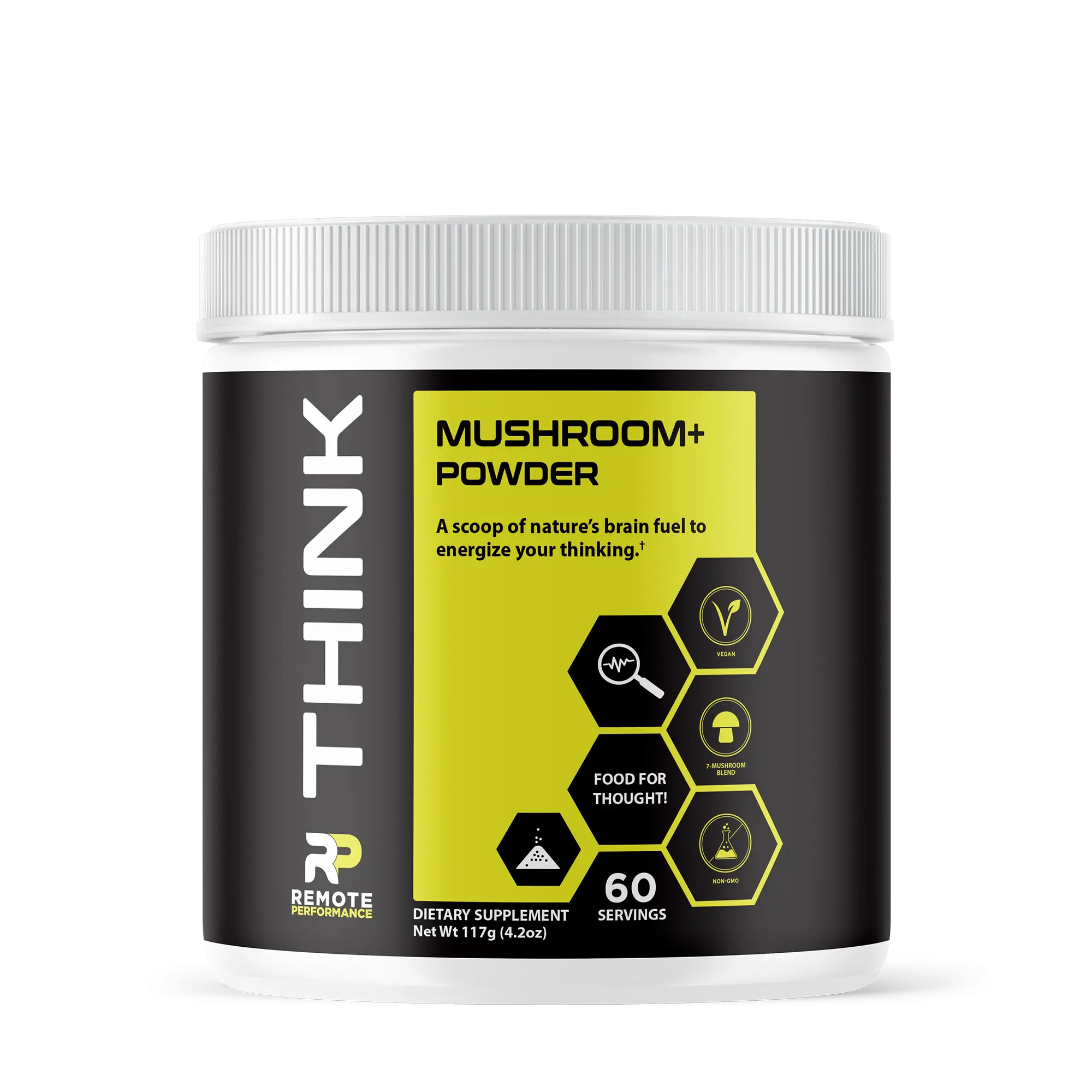 THINK Mushroom+ Powder – Organic Mushroom & Adaptogen Blend with Lion’s Mane, Reishi, Cordyceps & Ashwagandha. A powerful mushroom blend designed to support focus, clarity, cognitive function, energy, and overall vitality.