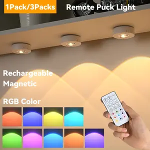 Remote RGBW Push Light, Rechargeable Dimmable Decorative Night Light with Remote, Dynamtic Light Effect Lighting Modes Adjustable Puck Lights, Rechargeable Magnetic