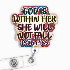 God Is Within Her She Will Not Fall Floral Badge Reel, Psalm 46:5 Scripture Retractable Acrylic ID Holder with Alligator Clip CYW