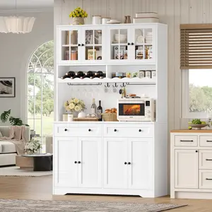 【2 Packages Shipping】HOSTACK 75.4" Tall Kitchen Pantry Cabinet with Charging Station, Hutch, Microwave Stand, Wine Rack, Large Pantry Storage Cabinet with Glass Doors, Drawers