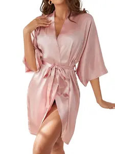 Women's Elegant Belted Satin Robe, Sexy Short Silk Sleepwear, Bridal Party Preparations, Wedding Season Dress, Casual Loose Fit