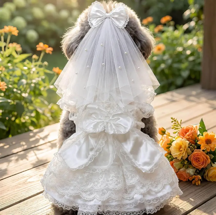 Dog Wedding Dress with Veil, Princess Lace Dog Dress with Bow, Fluffy Bridal Outfit for Small Dogs, Puppy Formal Dress for Wedding Birthday Photoshoot