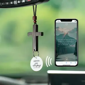Bible Verse Car Rearview Hanging Cross Ornament "I Am With You Always" Solid Sandalwood Carving Hand-Sanded Christian Accessory for Car Mirror Decor Spiritual Touch Ideal Gift for Holidays - Automotive