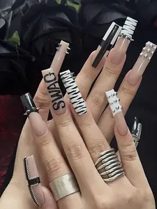 Black & White Gothic Stiletto Press On Nails with Cross Design, Spikes, and Studded Accents