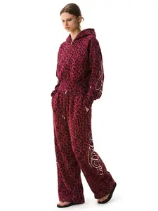 FDR Unisex Leopard Print Hoodie & Sweatpants Set, Oversized Cropped Letter Graphic Sweatshirt, Baggy Straight-Leg Sweatpants with Elastic Double Waistband, Vintage Casual Daily Streetwear