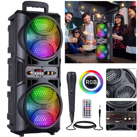 Portable Wireless Bluetooth Speaker with 6.5in Dual Subwoofers Heavy Bass, Audio MP3 Player, FM Radio, Microphone, Lights, Remote Control, TWS Stereo System, USB Charging, Black, Rechargeable