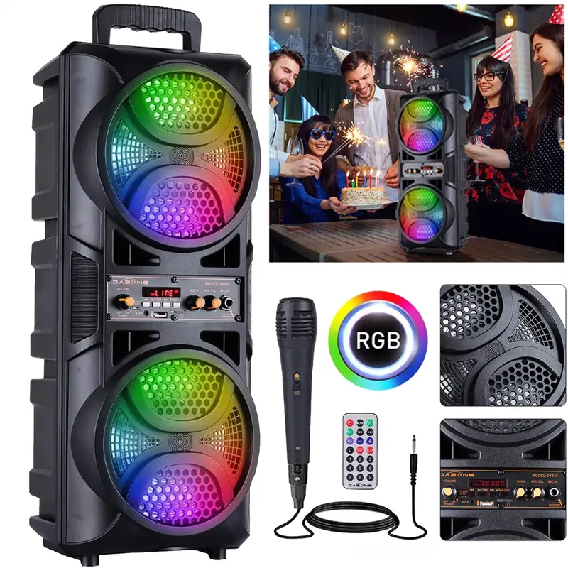 Portable Wireless Bluetooth Speaker with 6.5in Dual Subwoofers Heavy Bass, Audio MP3 Player, FM Radio, Microphone, Lights, Remote Control, TWS Stereo System, USB Charging, Black, Rechargeable
