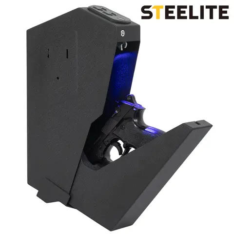 Steelite Biometric Wall Mount Security Safe Box - Mini Hidden Lockable Digital Keypad Safe with Biometric Fingerprint Access, Auto-Open, 4-Button Backlit Keypad, Emergency Key for Home/Office, Truck Protection
