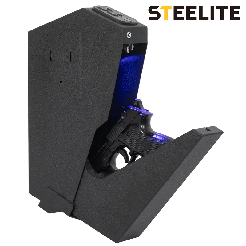 Steelite Biometric Wall Mount Security Safe Box - Mini Hidden Lockable Digital Keypad Safe with Biometric Fingerprint Access, Auto-Open, 4-Button Backlit Keypad, Emergency Key for Home/Office, Truck Protection