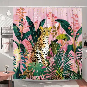 Pink floral and leopard print shower curtain, perfect for bathroom decoration, partitioning, and enhancing space. Made of durable polyester material, easy to clean, machine washable, available in multiple sizes, includes shower curtain hooks.