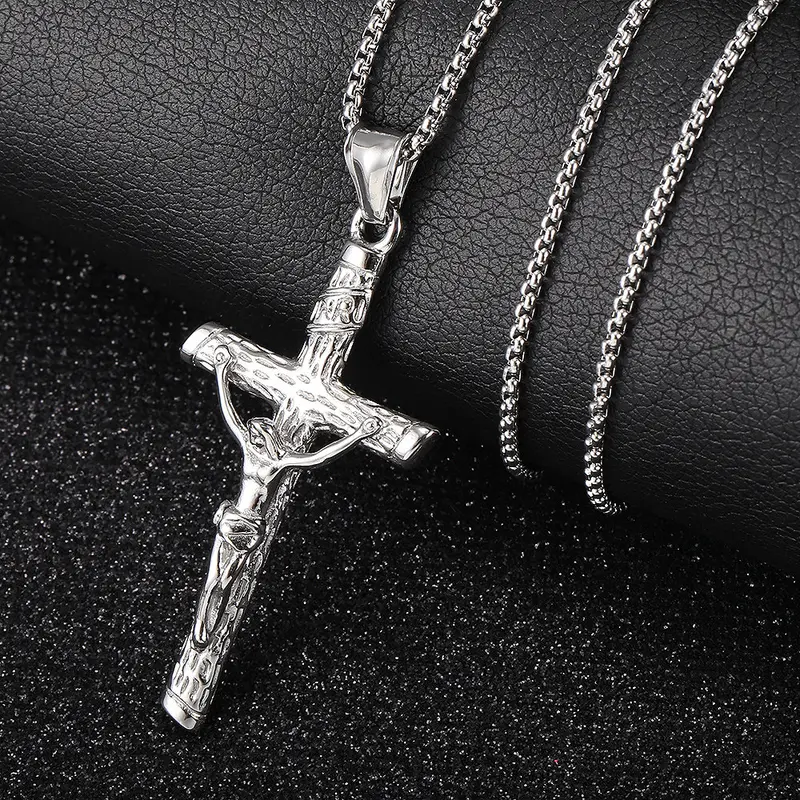 Hermah Jesus Christ Crucifix Cross Pendant Necklace Silver 16"-30" Box Chain Female Male Birthday Daily Jewelry