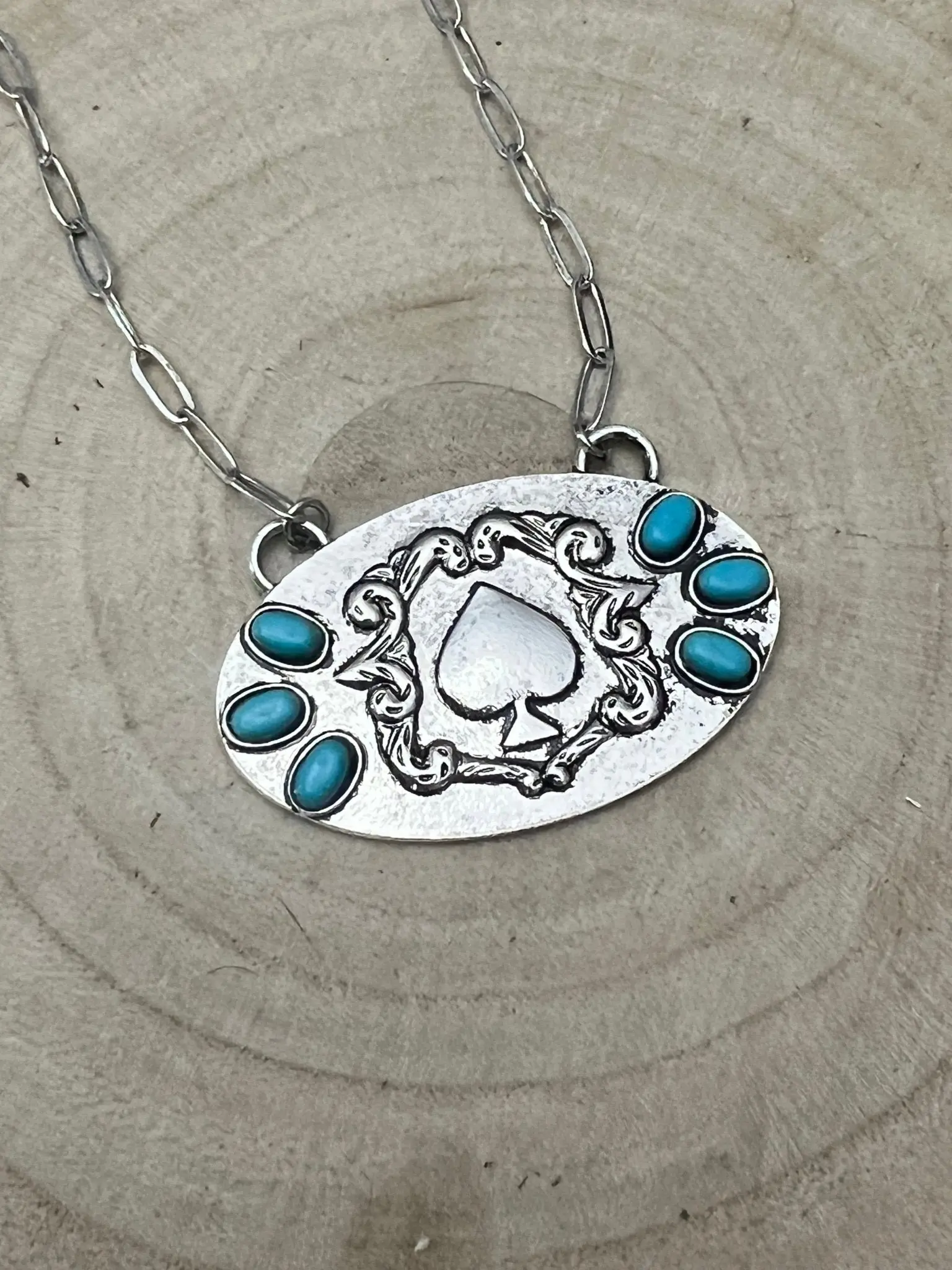 Western Spade Pendant Necklace with Faux Turquoise — 18 Inch Silver-Tone Statement