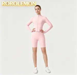 ROROLEMON Women's 2-Piece Yoga Set - Zip-Up Jacket & High-Waist Biker Shorts