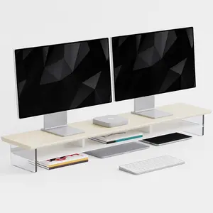 Dual-Tier  Stand for Modern Desk Setup - Minimalist Wooden and Metal Riser Shelf with Transparent   for Dual Monitors, Laptops,  Office Aesthetic,Beige and White