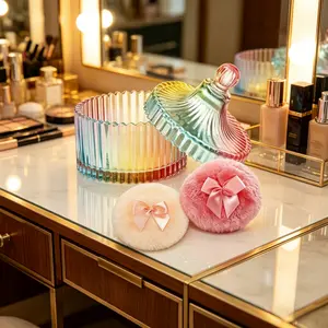 3.5 Inch Fluffy Body Powder Puff & 4 Inch Glass Jar Set,Large Dusting Powder Container With 2Pcs Puff,Multi-Purpose Storage Holder Dish,Classic Decor For Bedroom,Bathroom,Home