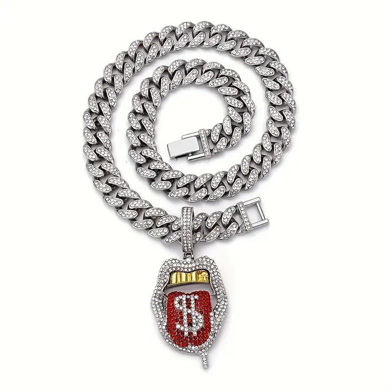2 Pcs Hip Hop Iced Out Pendant Necklace Set, Gold Teeth Dollar Sign Tongue Charms with Cuban Link Chain, Zinc Alloy Rhinestone Jewelry for Men Women, Party Daily Wear