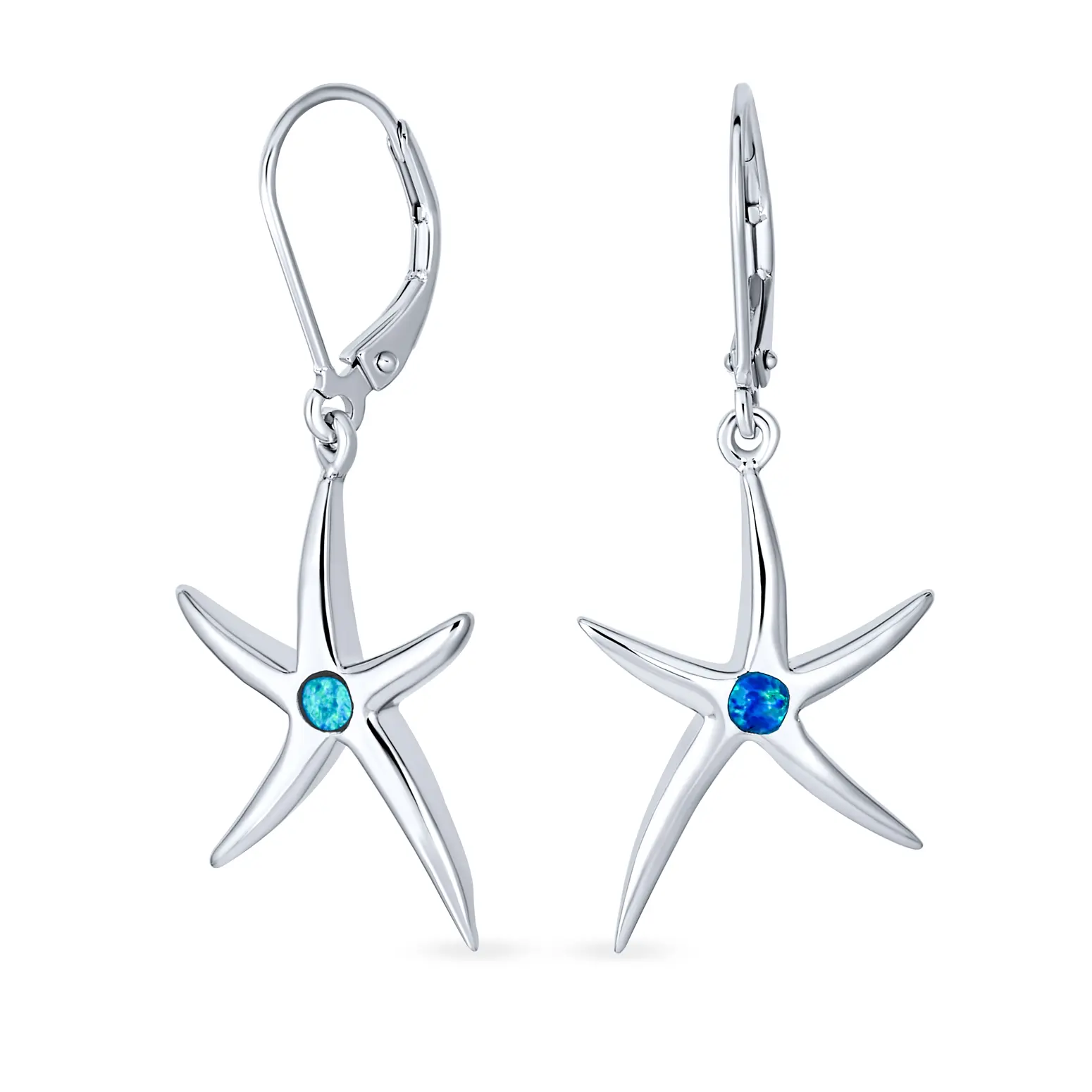 Nautical Starfish Dangle Earrings Sterling Silver Lever Back Opal Accent