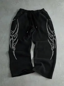 American High Street Tribal Totem Distressed Wide Leg Sweatpants, Loose Fit, Unisex, Streetwear, Skateboarding, Y2K Style, Soft and Durable, Athleisure Style Bottoms