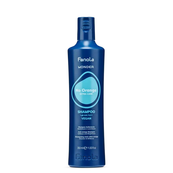 Fanola No Orange Toning Shampoo with Coconut Oil & Tiare Flower, Anti-Brass Blue Pigment Haircare Cleanser - Clarifying for Blonde Hair, Restores Radiance, 11.83 oz, Smooth, Dark Blonde, Liquid, Neutralizing, Color & Chemically Treated, Anti-Orange, Coppe