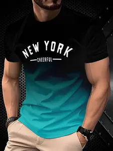 Men's Casual Short Sleeve T-Shirt - New York cheerful pattern printing, Gradient black to cyan design, regular fit crew neck, four seasons comfort, machine wash, daily T-shirt | modern casual wear | Streetwear | comfortable fit, fashion T-shirt